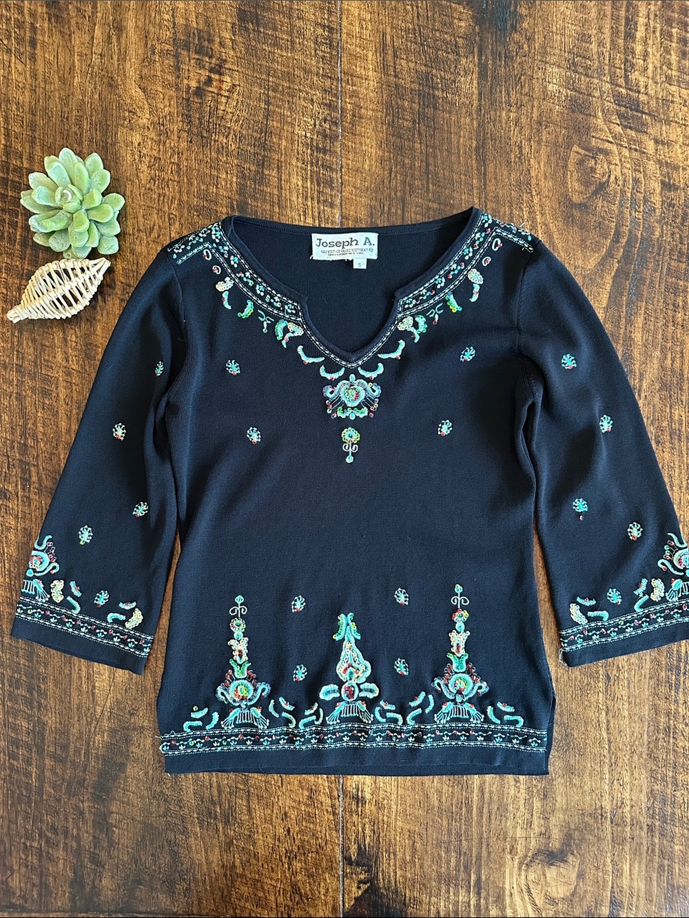 Joseph A. | VTG Black Beaded & Embroidered V-Neck Knit Sweater Top, Size S